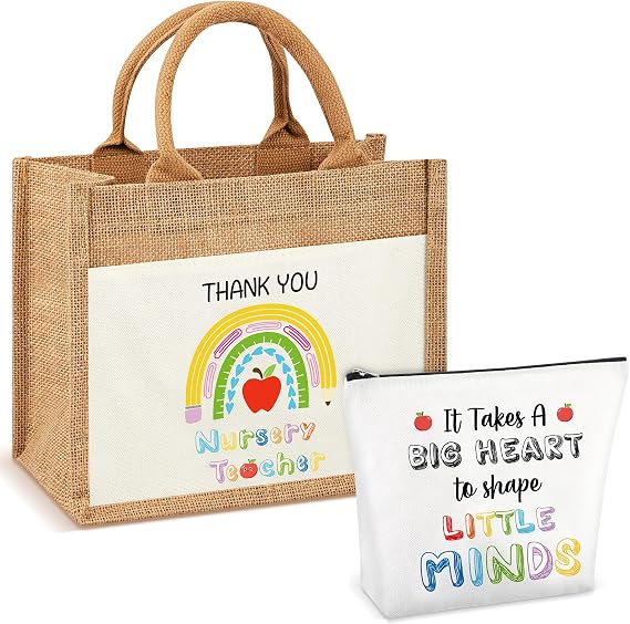 Xuniea 2 Piece Nursery Teacher Gift Set – Jute Tote & Cosmetic Pouch