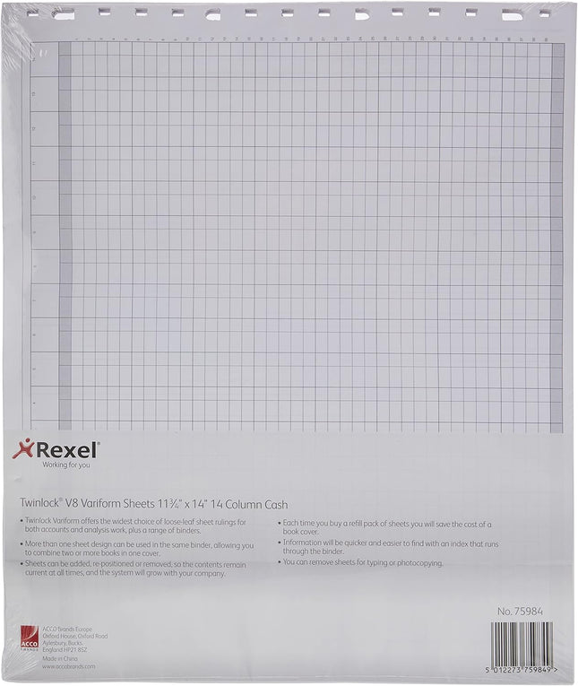 Rexel Twinlock Variform V8 Cash Refill Sheets – 14 Column, White (Pack of 75)