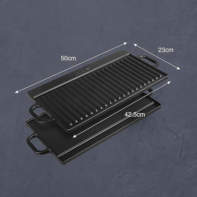 VonShef Reversible Cast Iron BBQ Griddle Pan with Handles – 50cm, Pre-Seasoned Non-Stick, Double-Sided for Hob, Oven & BBQ