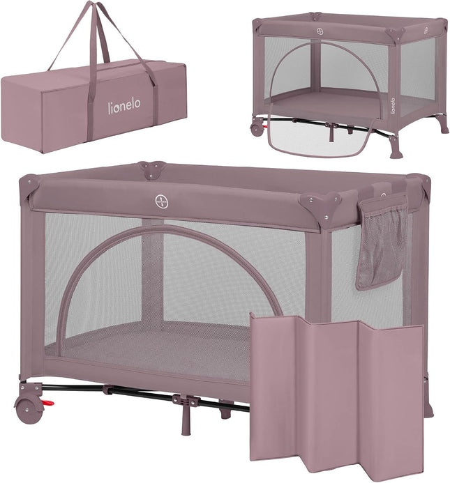 Lionelo Laura 2-in-1 Travel Cot & Playpen – Adjustable Newborn Level, Mattress, Pink Nude
