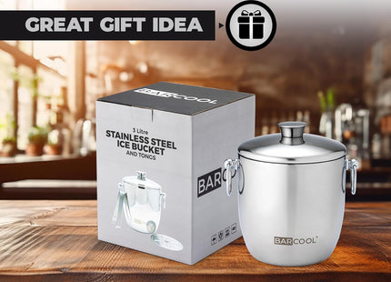 Barcool 3L Double-Walled Stainless Steel Ice Bucket with Lid & Tongs
