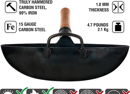 YOSUKATA 36cm Blue Carbon Steel Wok – Round Bottom Pre-Seasoned Pow Wok