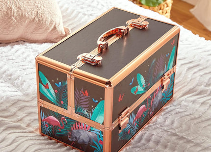 Beautify Jungle Print 3-Tier Makeup Vanity Case with Lockable Storage & Extendable Trays