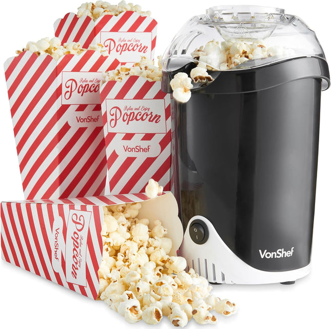 VonShef Popcorn Maker – 1200W Hot Air Popcorn Machine, Oil-Free Snack Maker with One Touch Operation & 6 Retro Boxes – Black