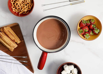 VonShef Red Cast Iron Fondue Set for Cheese & Chocolate, 6 Forks, Burner Included