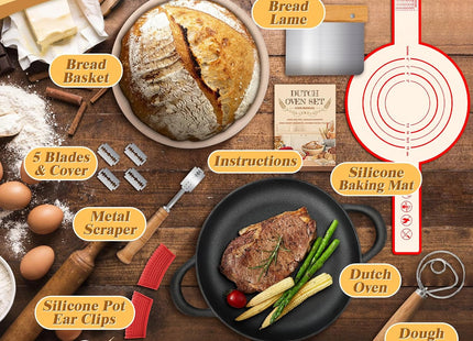 NZQXJXZ Cast Iron Dutch Oven 5QT – Non-Stick Pot with Lid & Bread Baking Set
