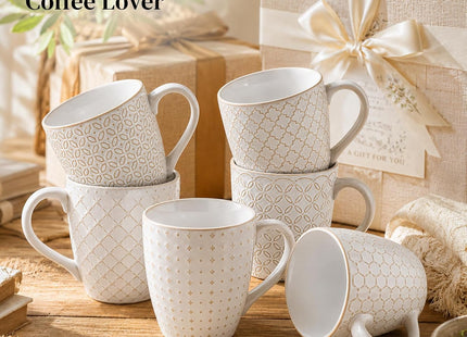 DOWAN 6-Piece 19oz Embossed Stoneware Coffee Mug Set – Arctic White