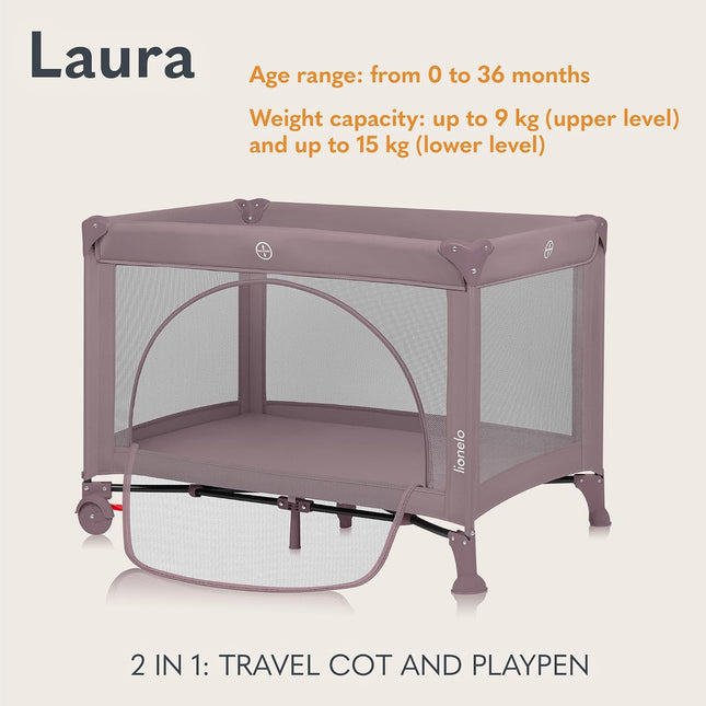 Lionelo Laura 2-in-1 Travel Cot & Playpen – Adjustable Newborn Level, Mattress, Pink Nude