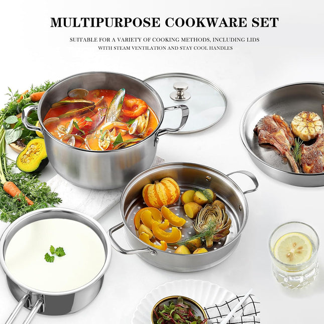 Stainless Steel Cookware Set – Pots & Pans with Lids, Oven Safe, Stay-Cool Handles