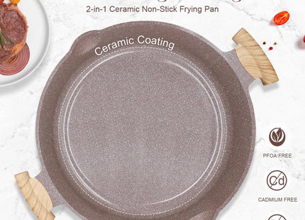 AIKENBBKK 32cm 2-in-1 Ceramic Nonstick Deep Frying Pan with Lid – Brown