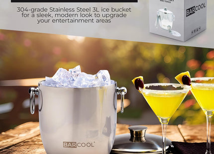 Barcool 3L Double-Walled Stainless Steel Ice Bucket with Lid & Tongs