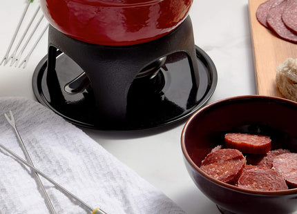 VonShef Red Cast Iron Fondue Set for Cheese & Chocolate, 6 Forks, Burner Included