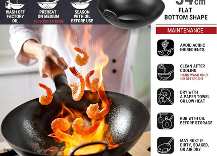 YOSUKATA 34cm Black Carbon Steel Wok – Pre-Seasoned Flat Bottom Stir Fry Pan