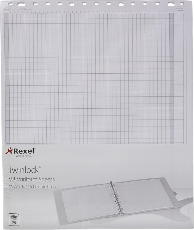 Rexel Twinlock Variform V8 Cash Refill Sheets – 14 Column, White (Pack of 75)