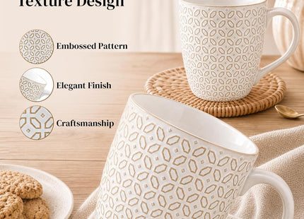 DOWAN 6-Piece 19oz Embossed Stoneware Coffee Mug Set – Arctic White