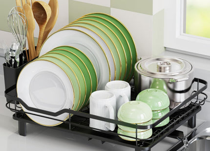 Rottogoon Space-Saving Dish Drainer Rack with Drainage Spout, Board Holders – Black