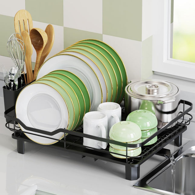 Rottogoon Space-Saving Dish Drainer Rack with Drainage Spout, Board Holders – Black