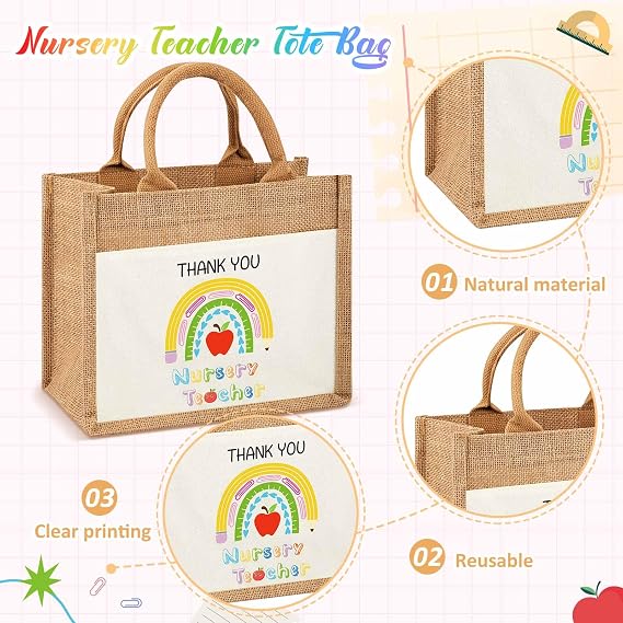 Xuniea 2 Piece Nursery Teacher Gift Set – Jute Tote & Cosmetic Pouch