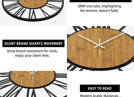 HAITANG 20-Inch Large Silent Wall Clock – 50cm Roman Numeral Retro Wood & Metal Design