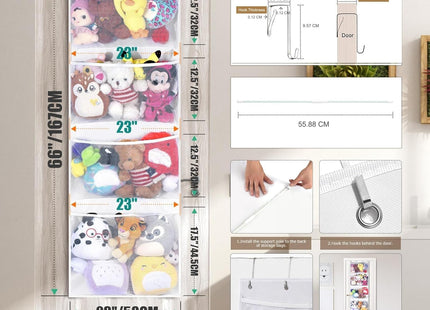 VISATOR Hanging Soft Toy Storage Organiser with 4 Mesh Pockets Over Door White