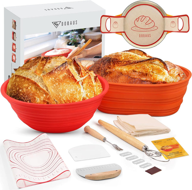 DOQAUS Banneton Bread Proofing Basket Set – 10-Piece Silicone Sourdough Kit