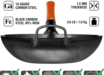 YOSUKATA 34cm Black Carbon Steel Wok – Pre-Seasoned Flat Bottom Stir Fry Pan
