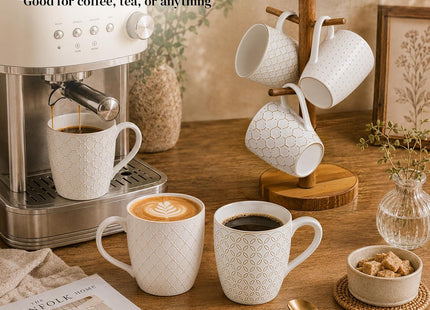 DOWAN 6-Piece 19oz Embossed Stoneware Coffee Mug Set – Arctic White