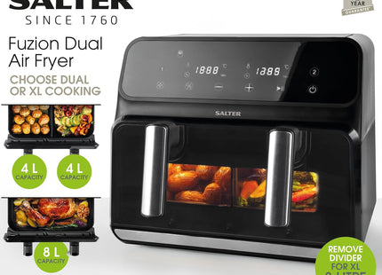 Salter Fuzion Dual Air Fryer – 8L XL Capacity with Removable Divider, 1700W