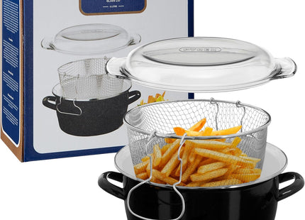 Premier Housewares 5L Deep Fryer with Pyrex Lid – Enamel Steel, Black