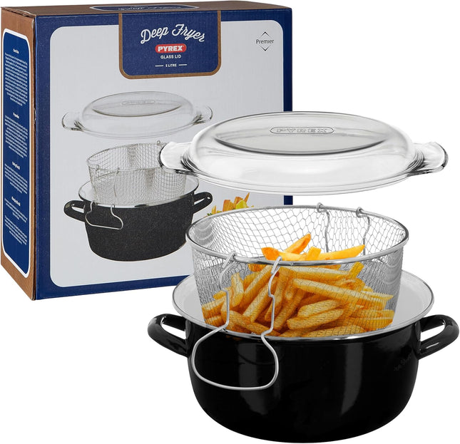 Premier Housewares 5L Deep Fryer with Pyrex Lid – Enamel Steel, Black