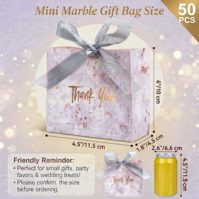 Hacaroa Mini Thank You Gift Bags with Ribbon Silver Marble – 50 Pack