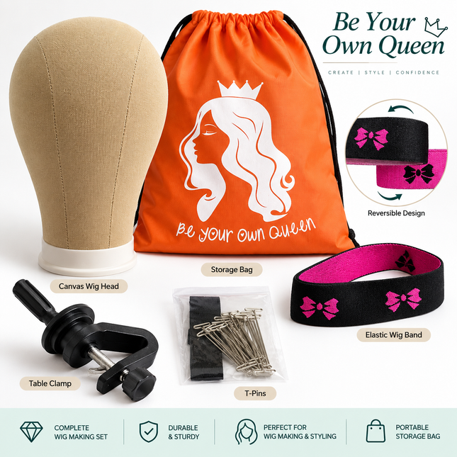 22 Inch Canvas Wig Head with Clamp Stand & Styling Accessories