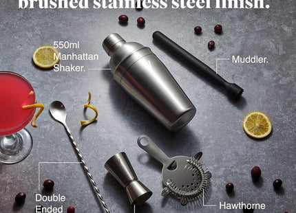 VonShef Manhattan Silver Cocktail Shaker Set – 5 Piece Stainless Steel Bar Kit