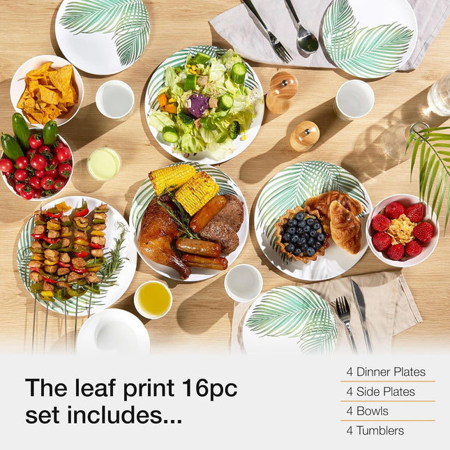 VonShef 16-Piece Melamine Dinnerware Set – Leaf Print Outdoor Dining Collection