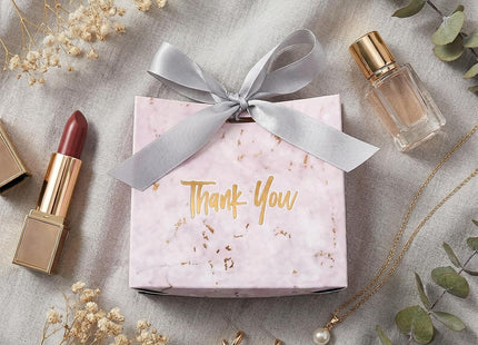 Hacaroa Mini Thank You Gift Bags with Ribbon Silver Marble – 50 Pack