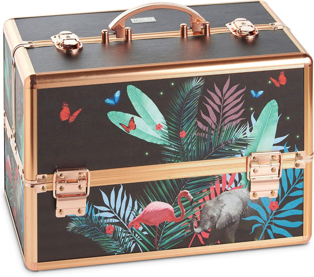 Beautify Jungle Print 3-Tier Makeup Vanity Case with Lockable Storage & Extendable Trays