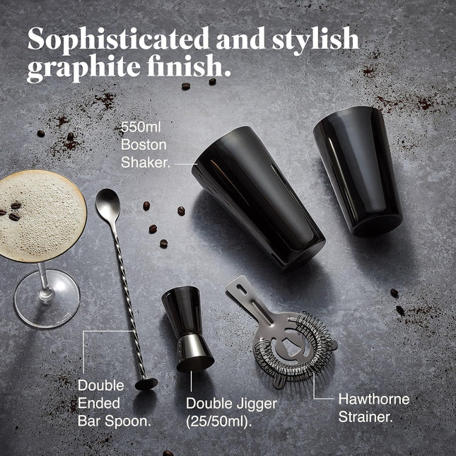 VonShef Graphite Boston Cocktail Shaker Set – 4 Piece Bartender Kit