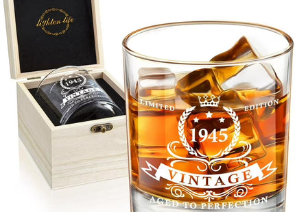 LIGHTEN LIFE Birthday Whiskey Glass Gift Set – 1945 Vintage with Wooden Box