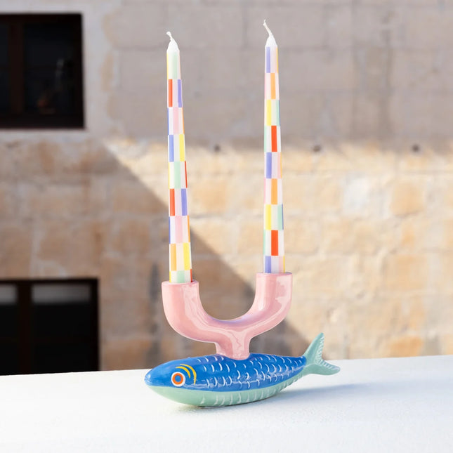 Talking Tables Multi-Coloured Check Taper Dinner Candles 23cm, – Pack of 2