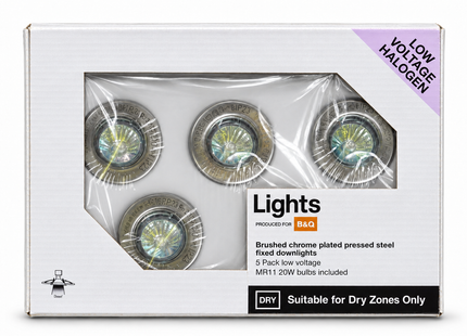 B&Q Brushed Chrome Fixed Downlights MR11 12V 20W – 5 Pack