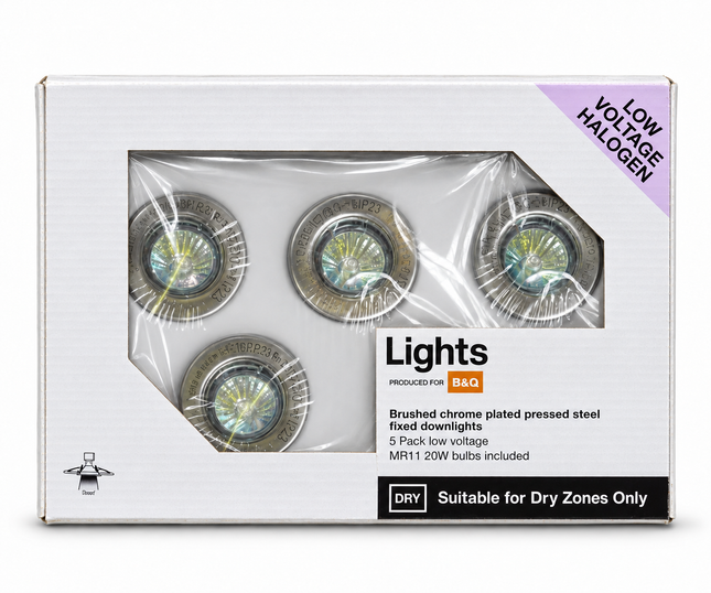 B&Q Brushed Chrome Fixed Downlights MR11 12V 20W – 5 Pack