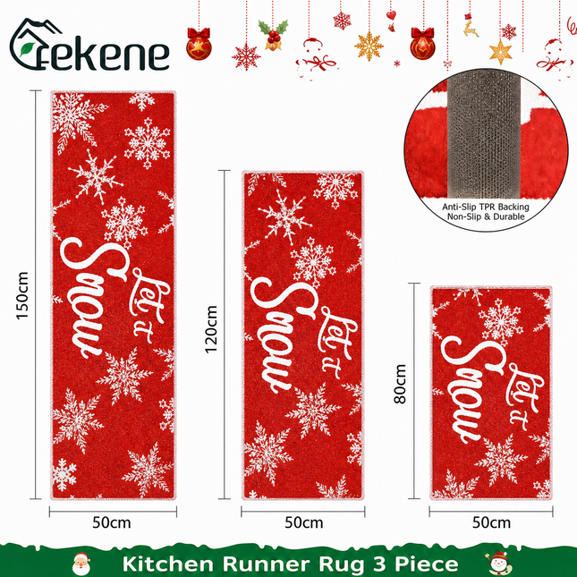 Cekene 3 Piece Christmas Kitchen Runner Rug Set Non-Slip Let It Snow Mats