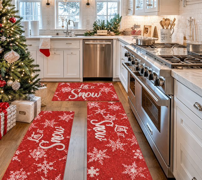 Cekene 3 Piece Christmas Kitchen Runner Rug Set Non-Slip Let It Snow Mats