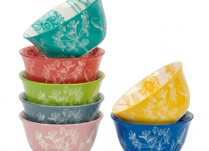 Botanical Stoneware Bowl Set – 7 Piece Microwave & Dishwasher Safe Bowls