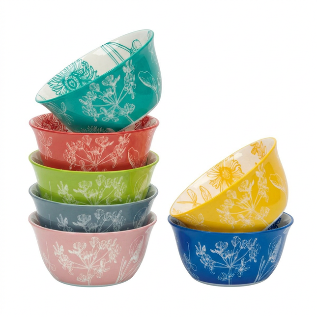 Botanical Stoneware Bowl Set – 7 Piece Microwave & Dishwasher Safe Bowls