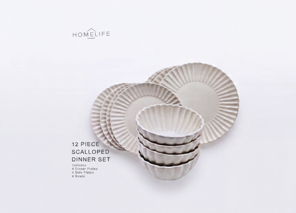 Homelife 12 Piece Scalloped Dinner Set Cream | 4 Dinner Plates, 4 Side Plates & 4 Bowls