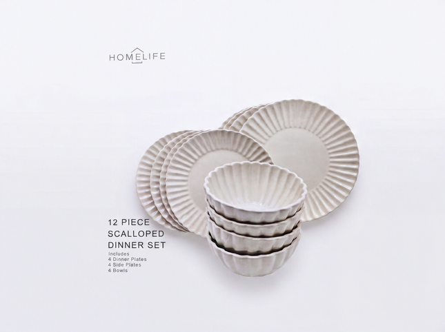 Homelife 12 Piece Scalloped Dinner Set Cream | 4 Dinner Plates, 4 Side Plates & 4 Bowls