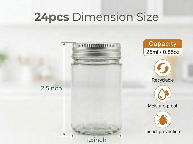 24 Pack Clear Glass Storage Jars with Screw Lid – Airtight Spice, Sweet, Craft Containers