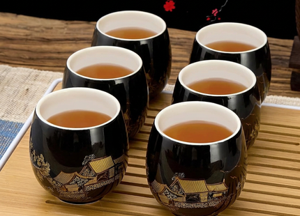 Dujust Japanese Tea Set – Black Porcelain with Golden Countryside Design