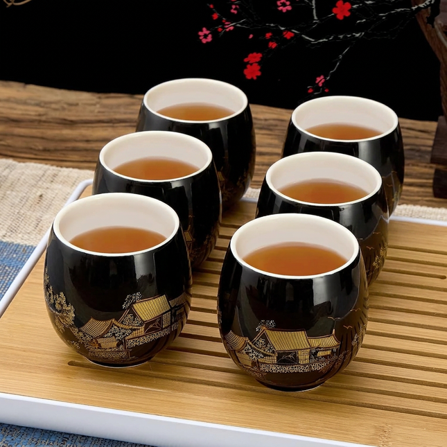 Dujust Japanese Tea Set – Black Porcelain with Golden Countryside Design